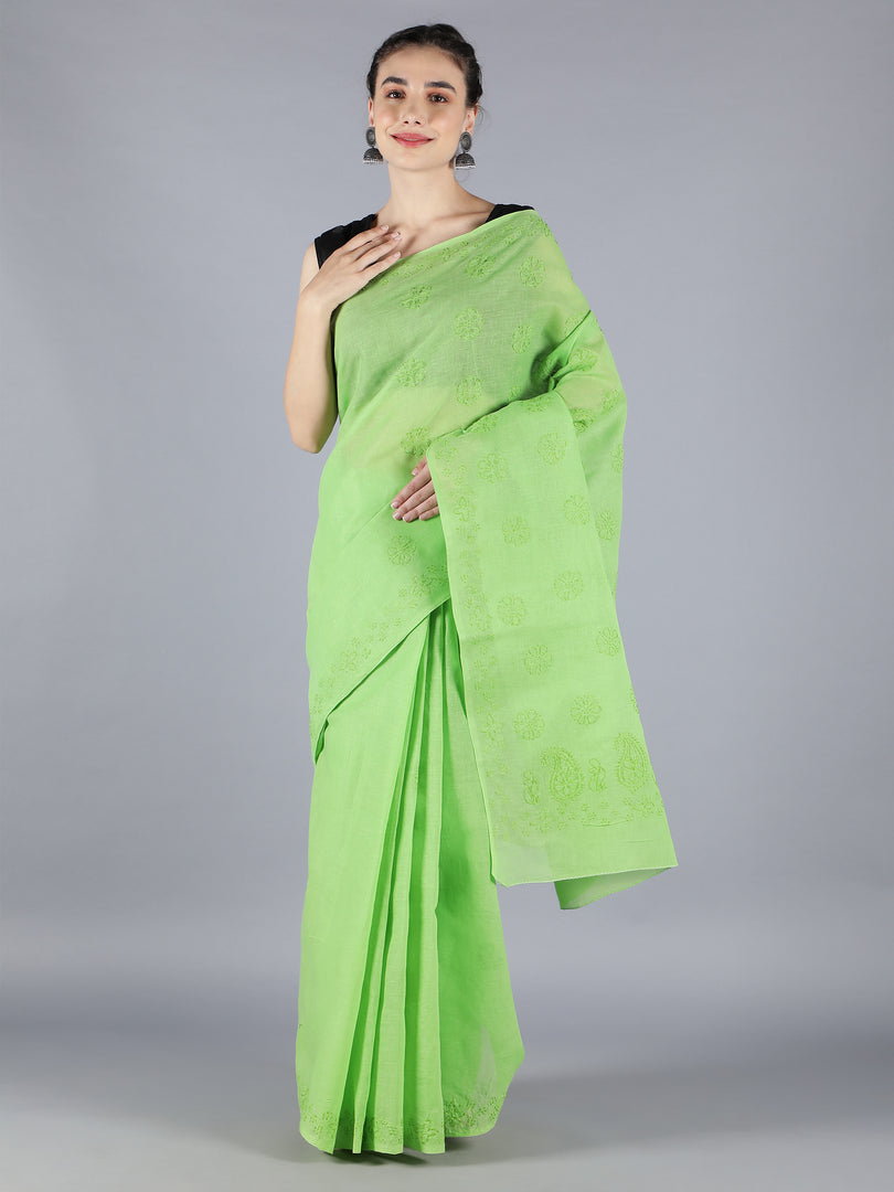Seva Chikan Hand Embroidered Green Cotton Lucknowi Saree-SCL6008