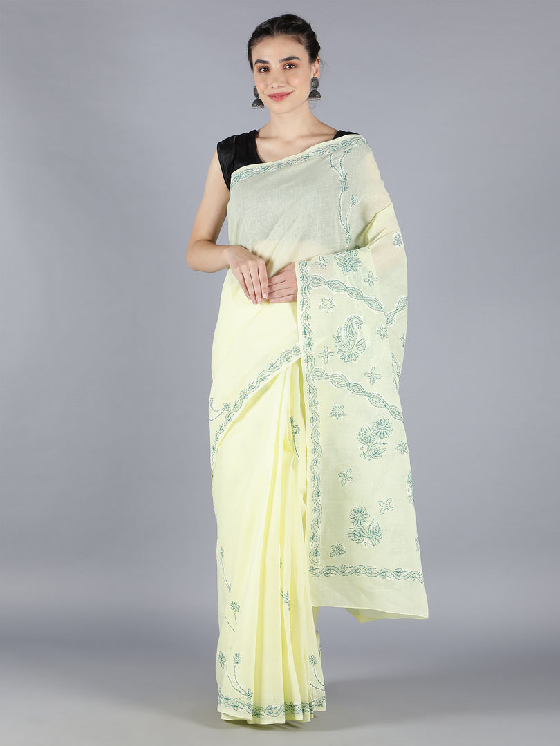 Seva Chikan Hand Embroidered Lemon Dark Green Cotton Lucknowi Saree-SCL6003