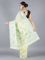 Load image into Gallery viewer, Seva Chikan Hand Embroidered Lemon Dark Green Cotton Lucknowi Saree-SCL6003