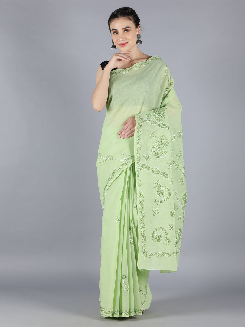 Seva Chikan Hand Embroidered  Green Cotton Lucknowi Saree-SCL6006