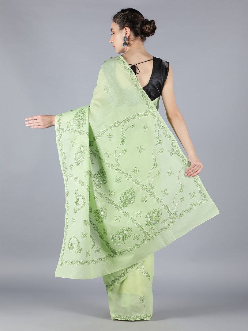 Seva Chikan Hand Embroidered  Green Cotton Lucknowi Saree-SCL6006
