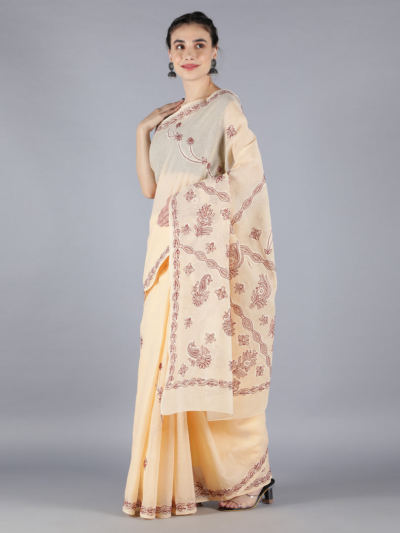 Seva Chikan Hand Embroidered Fawn Cotton Lucknowi Saree-SCL6001