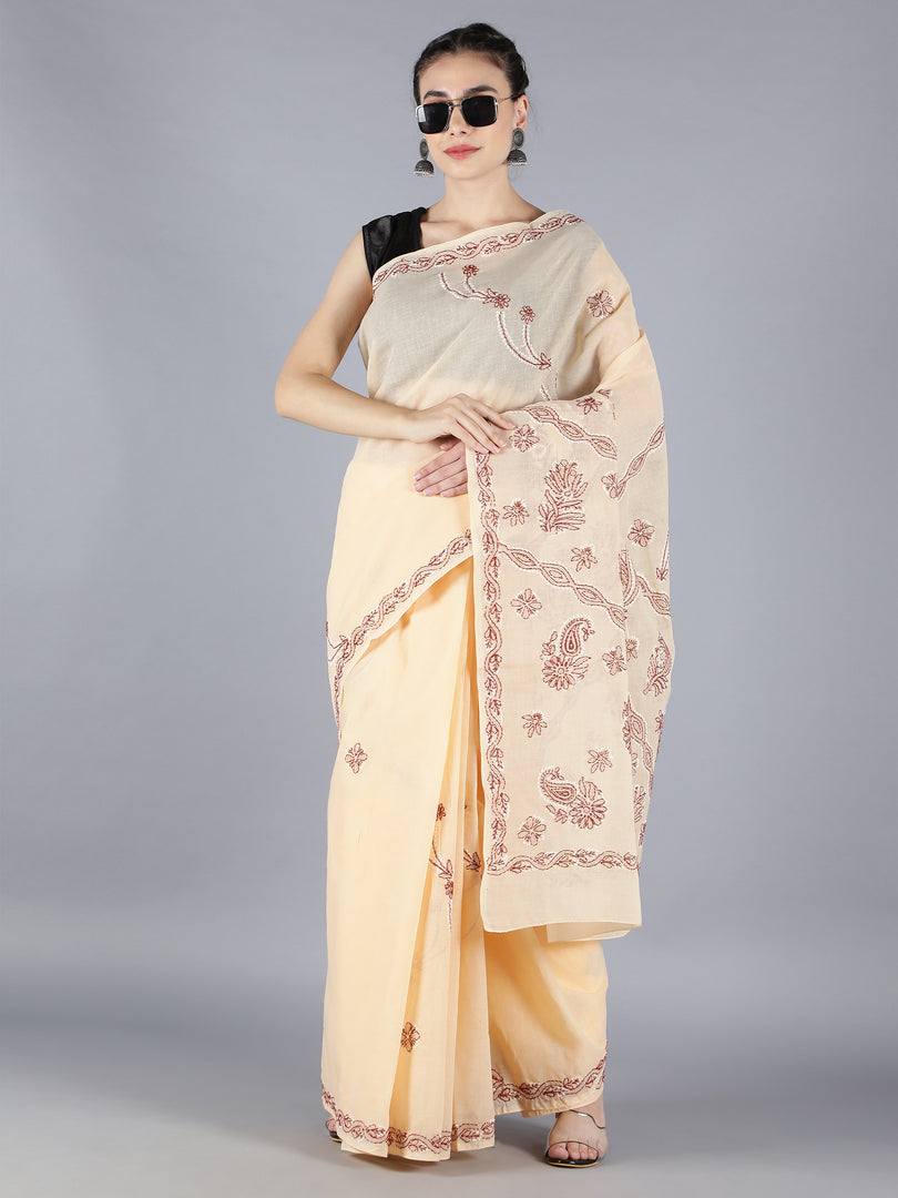 Seva Chikan Hand Embroidered Fawn Cotton Lucknowi Saree-SCL6001