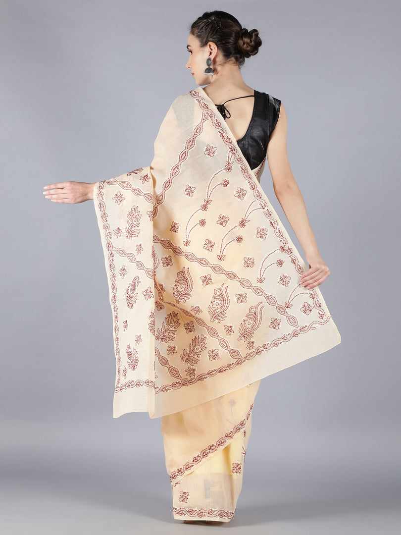 Seva Chikan Hand Embroidered Fawn Cotton Lucknowi Saree-SCL6001