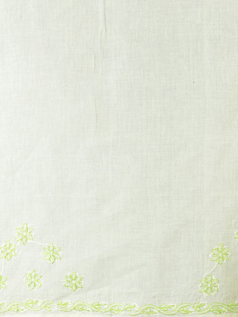 Seva Chikan Hand Embroidered Lemon Light Green Cotton Lucknowi Saree-SCL6002
