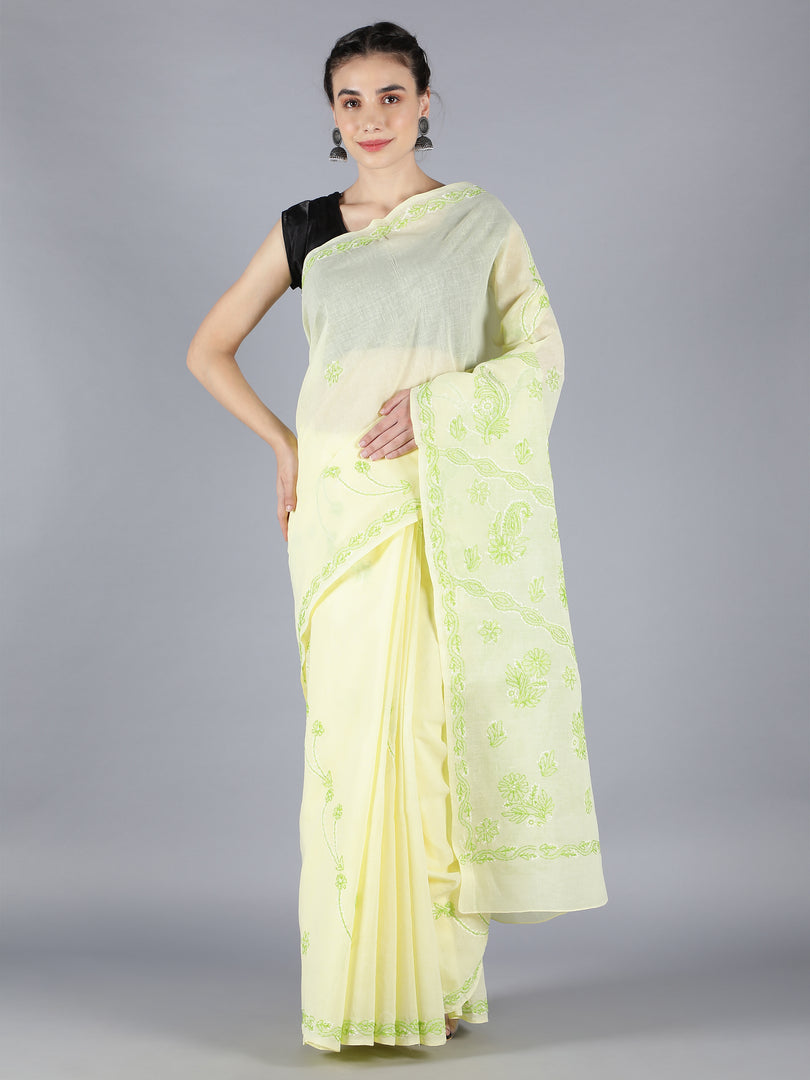 Seva Chikan Hand Embroidered Lemon Light Green Cotton Lucknowi Saree-SCL6002
