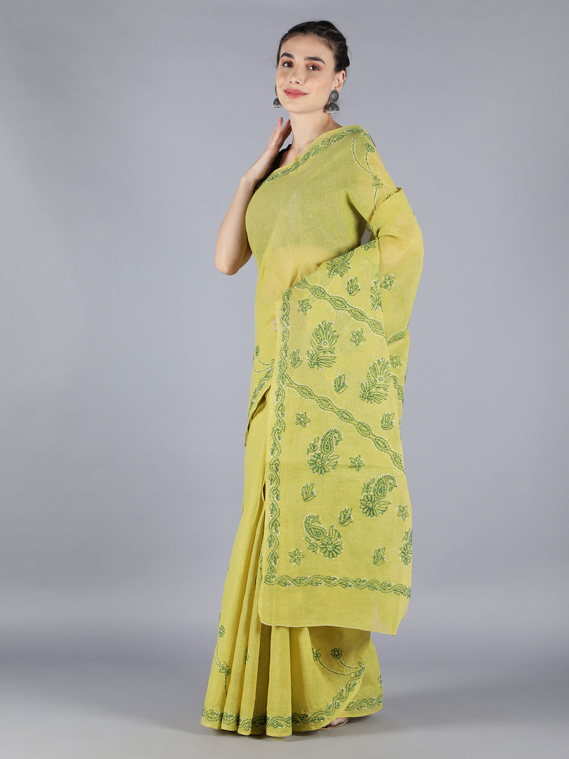 Seva Chikan Hand Embroidered Mehndi Green Cotton Lucknowi Saree-SCL6000
