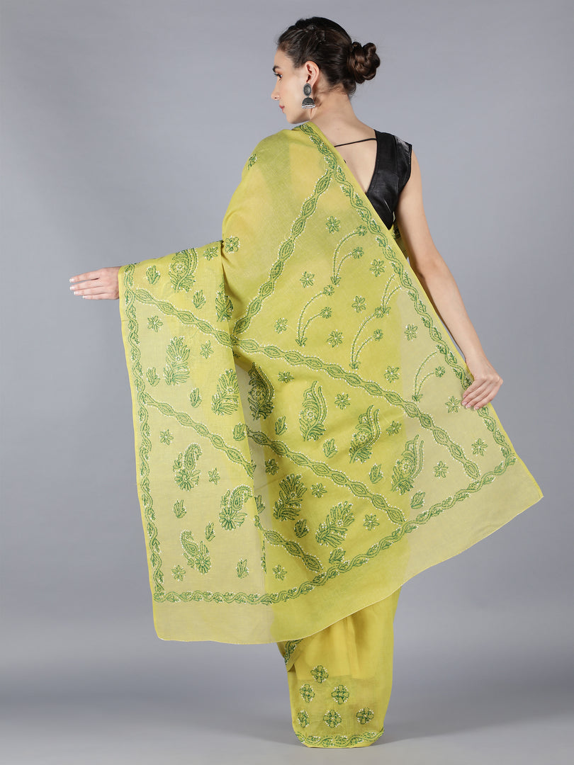 Seva Chikan Hand Embroidered Mehndi Green Cotton Lucknowi Saree-SCL6000