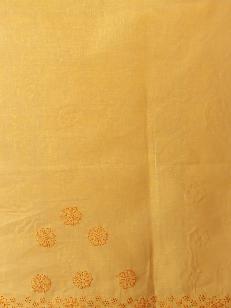 Seva Chikan Hand Embroidered Mustard Cotton Lucknowi Saree-SCL6012