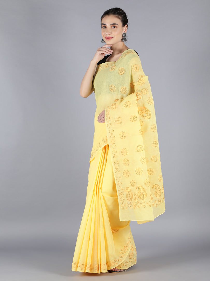 Seva Chikan Hand Embroidered Yellow Cotton Lucknowi Saree-SCL6013