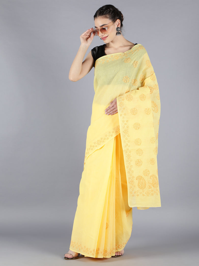Seva Chikan Hand Embroidered Yellow Cotton Lucknowi Saree-SCL6013