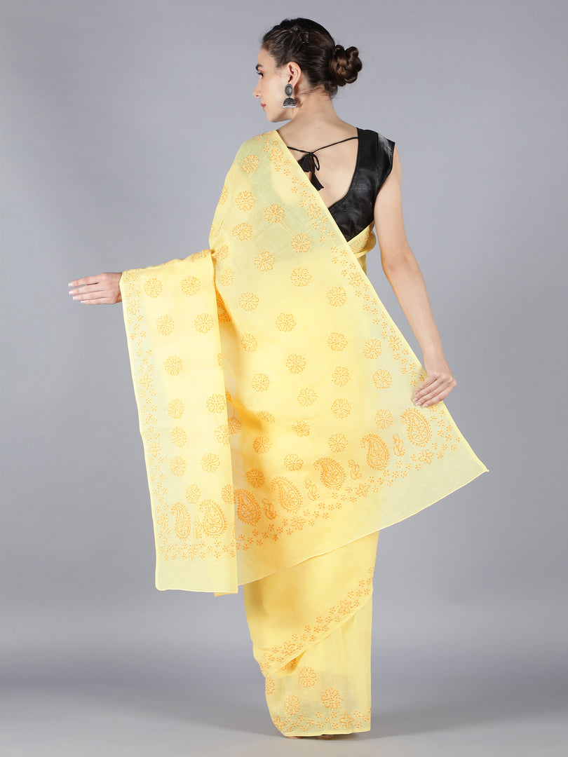 Seva Chikan Hand Embroidered Yellow Cotton Lucknowi Saree-SCL6013