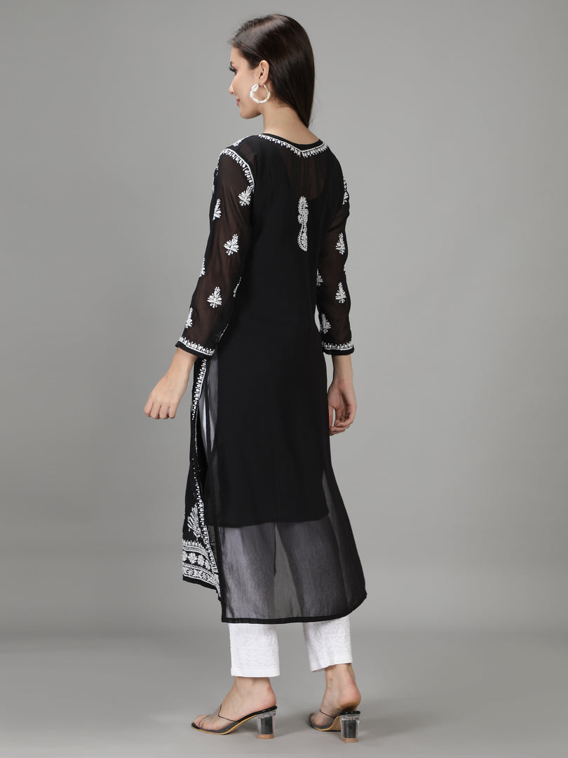 Seva Chikan Hand Embroidered Black Georgette Kurta with Trouser-SCL8015