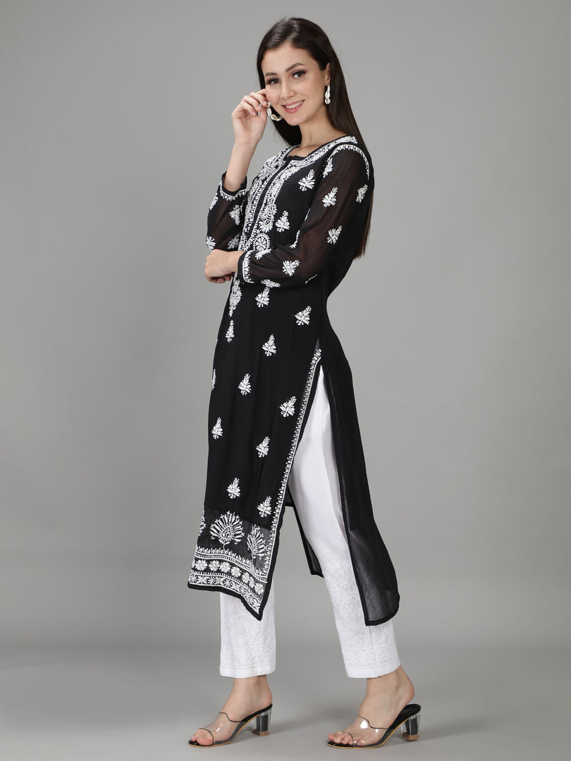 Seva Chikan Hand Embroidered Black Georgette Kurta with Trouser-SCL8015