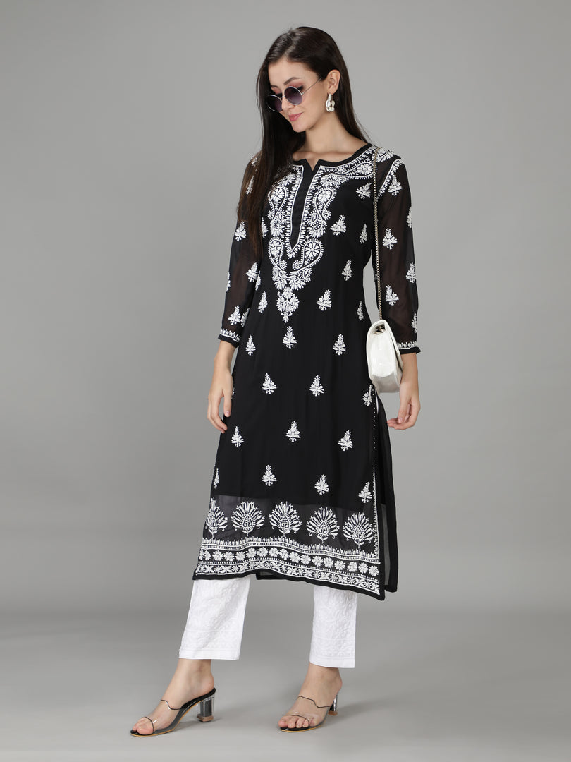 Seva Chikan Hand Embroidered Black Georgette Kurta with Trouser-SCL8015