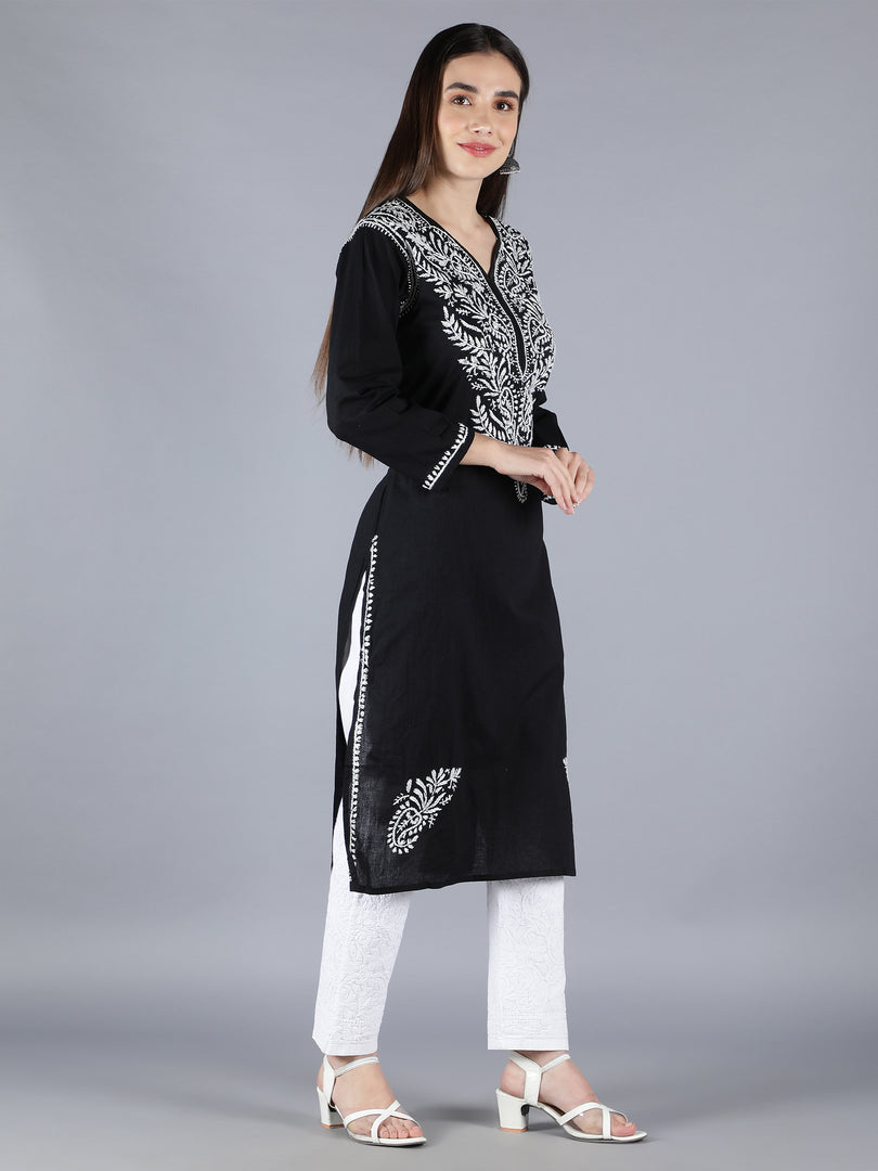 Seva Chikan Hand Embroidered Black Cotton Kurta With Pant-SCL8012