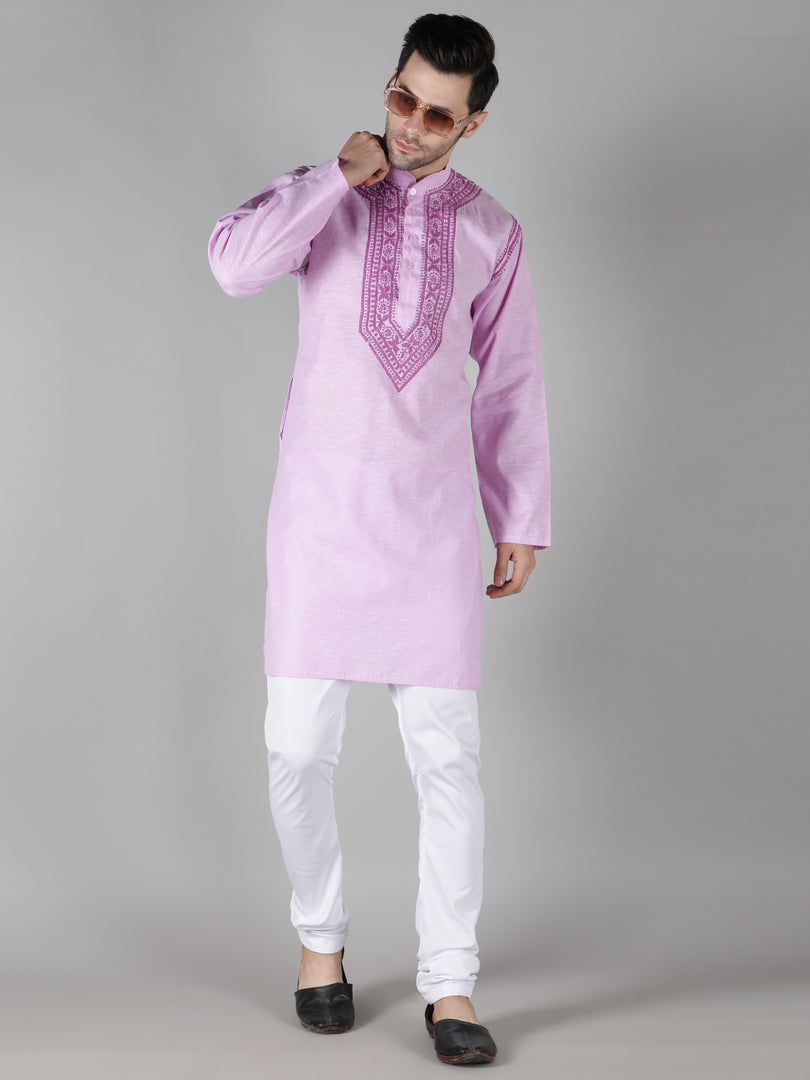 Seva Chikan Hand Embroidered  Cotton Lucknowi Chikan Mens Stitched Kurta