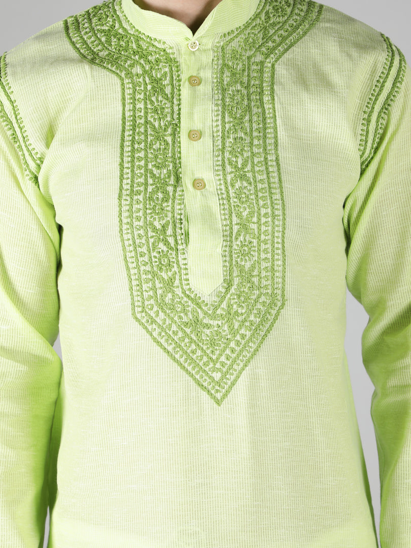 Seva Chikan Hand Embroidered  Cotton Lucknowi Chikan Mens Stitched Kurta