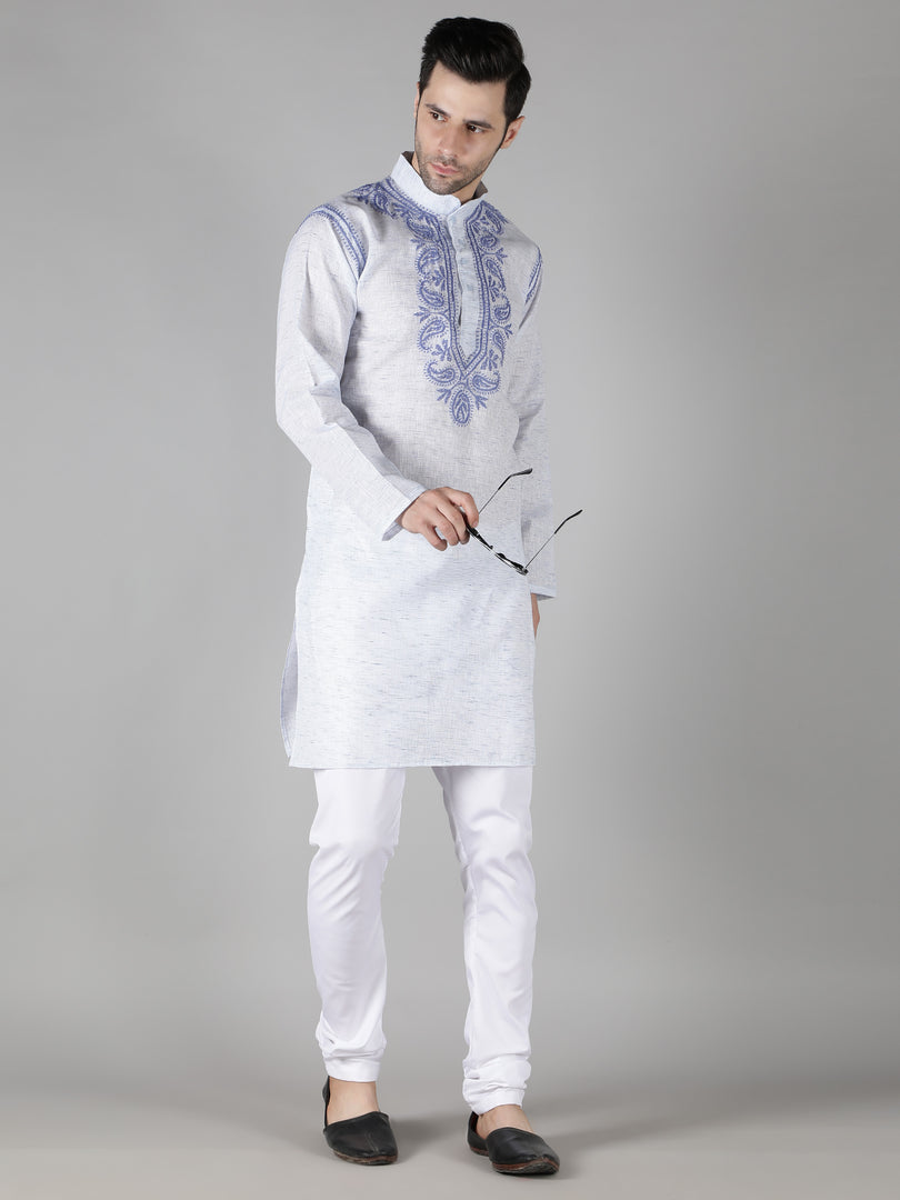 Seva Chikan Hand Embroidered  Cotton Lucknowi Chikan Mens Stitched Kurta