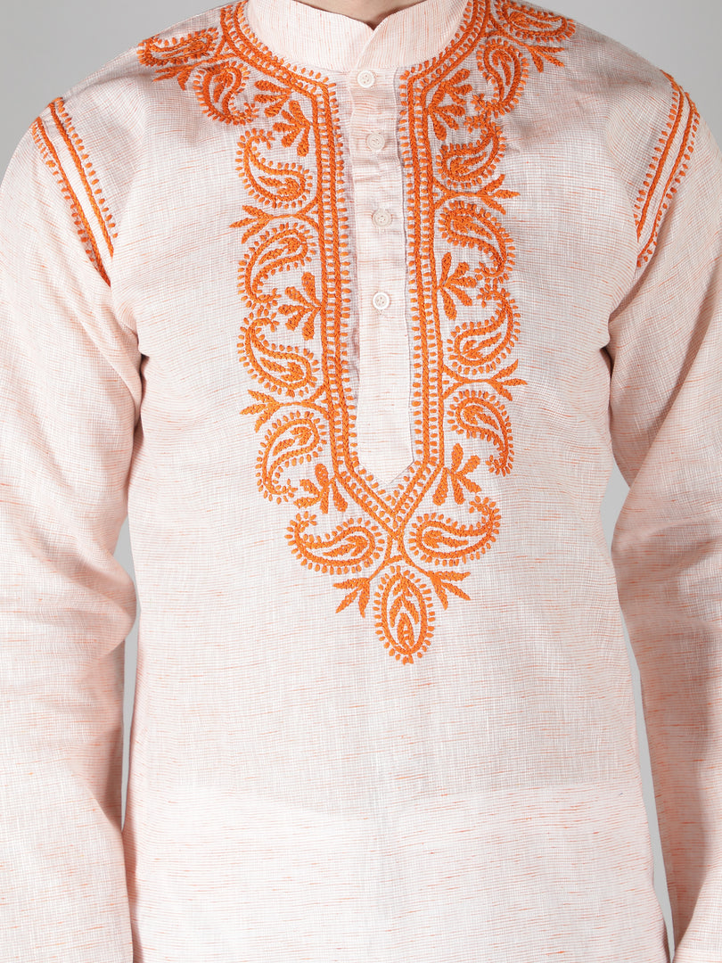 Seva Chikan Hand Embroidered  Cotton Lucknowi Chikan Mens Stitched Kurta