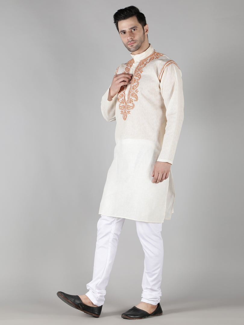 Seva Chikan Hand Embroidered  Cotton Lucknowi Chikan Mens Stitched Kurta