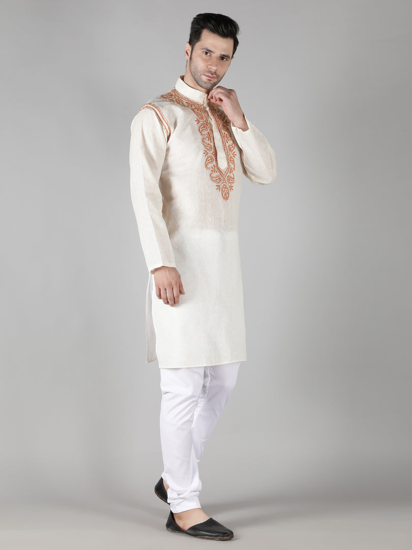 Seva Chikan Hand Embroidered  Cotton Lucknowi Chikan Mens Stitched Kurta