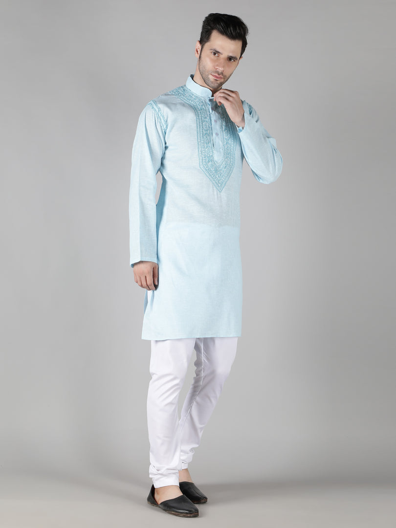 Seva Chikan Hand Embroidered  Cotton Lucknowi Chikan Mens Stitched Kurta