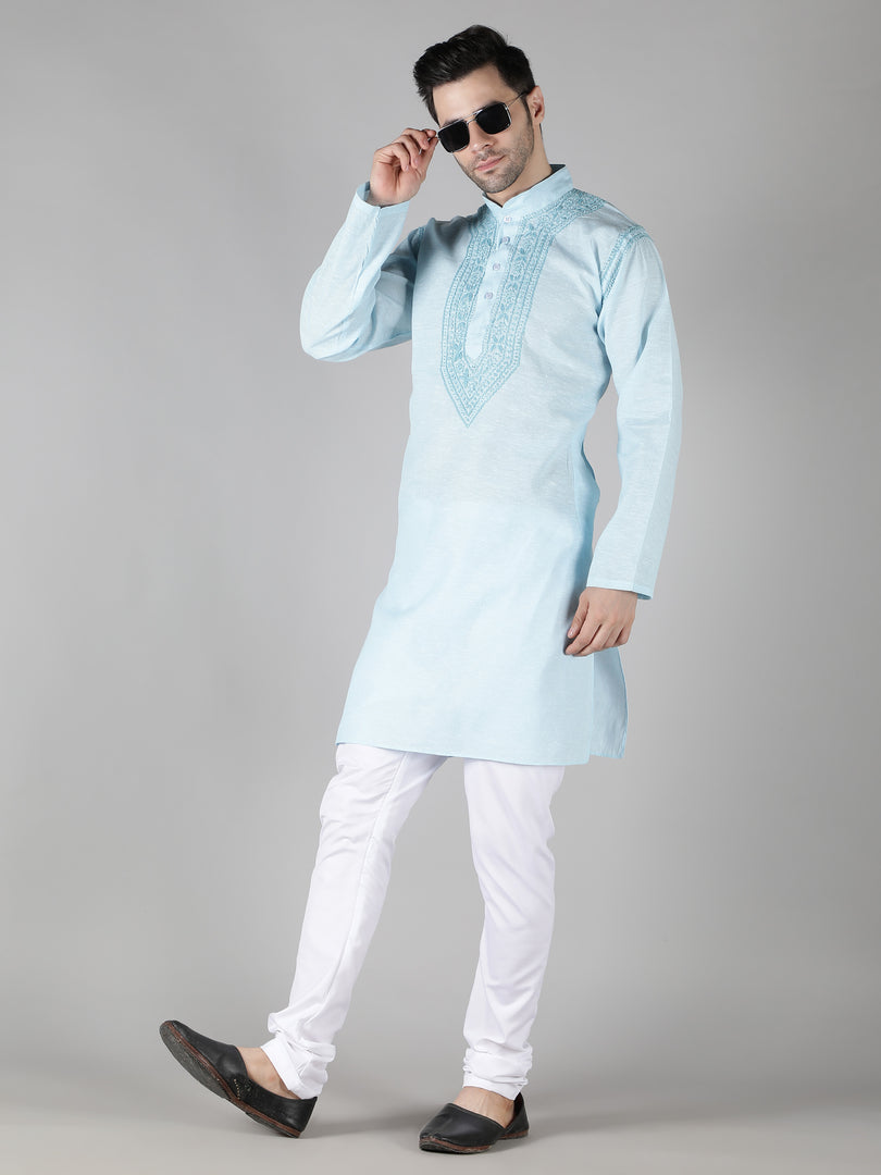 Seva Chikan Hand Embroidered  Cotton Lucknowi Chikan Mens Stitched Kurta