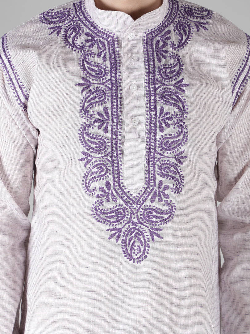 Seva Chikan Hand Embroidered  Cotton Lucknowi Chikan Mens Stitched Kurta