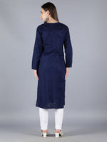 Load image into Gallery viewer, Seva Chikan Hand Embroidered Navy Blue Cotton Kurta With Pant-SCL8021