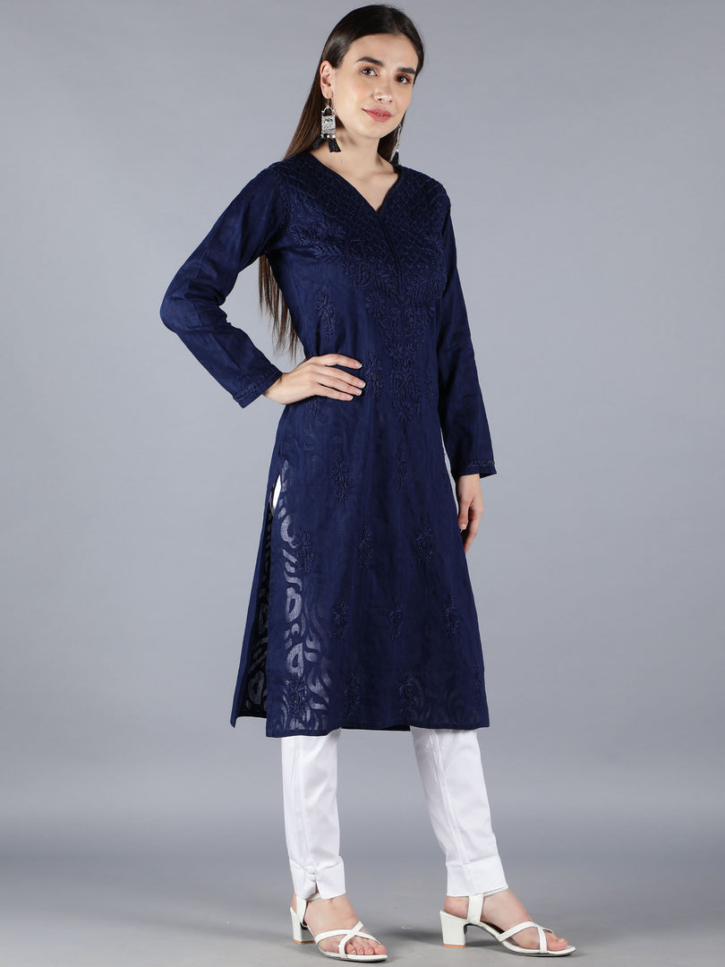Seva Chikan Hand Embroidered Navy Blue Cotton Kurta With Pant-SCL8021