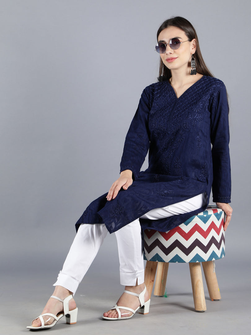 Seva Chikan Hand Embroidered Navy Blue Cotton Kurta With Pant-SCL8021