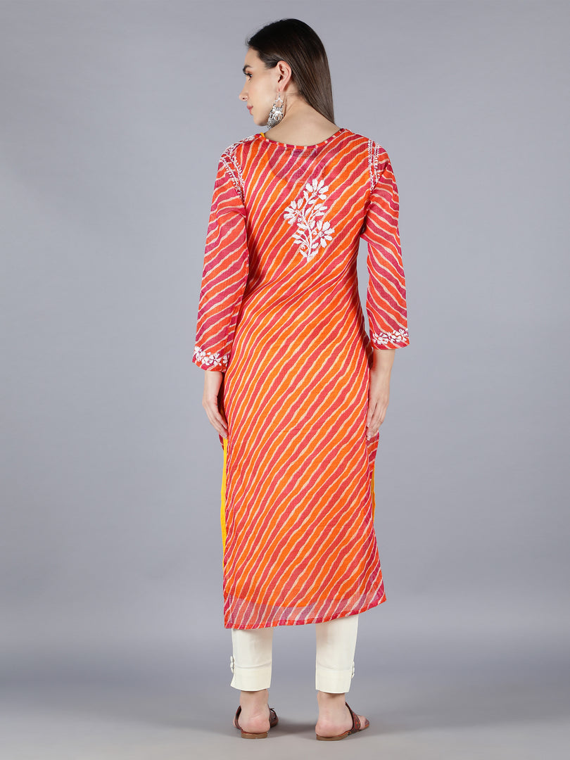 Seva Chikan Hand Embroidered Orange Kota Kurta With Pant and Slip-SCL8016