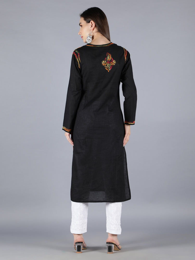 Seva Chikan Hand Embroidered Black Cotton Kurta With Pant-SCL8018