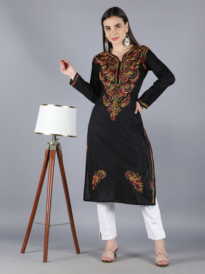 Seva Chikan Hand Embroidered Black Cotton Kurta With Pant-SCL8018