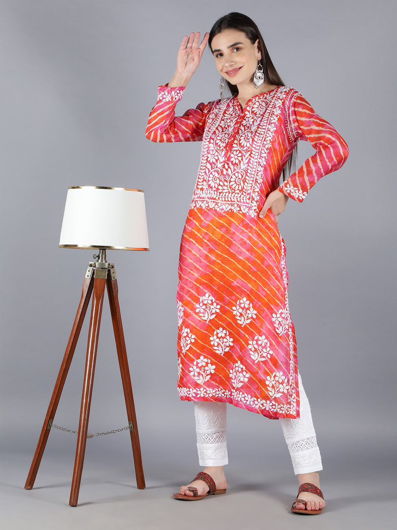 Seva Chikan Hand Embroidered Orange Cotton Kurta With Pant and Slip-SCL8017
