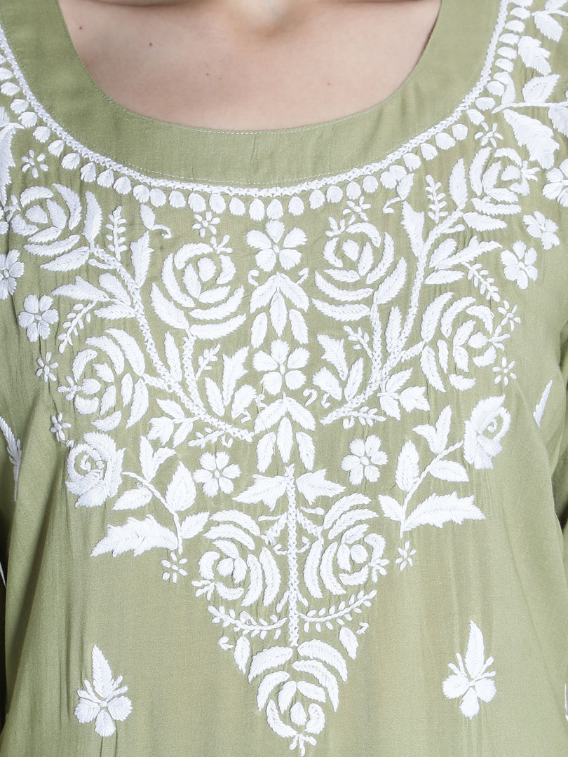 Seva Chikan Hand Embroidered Modal Cotton Kurta with Palazzo