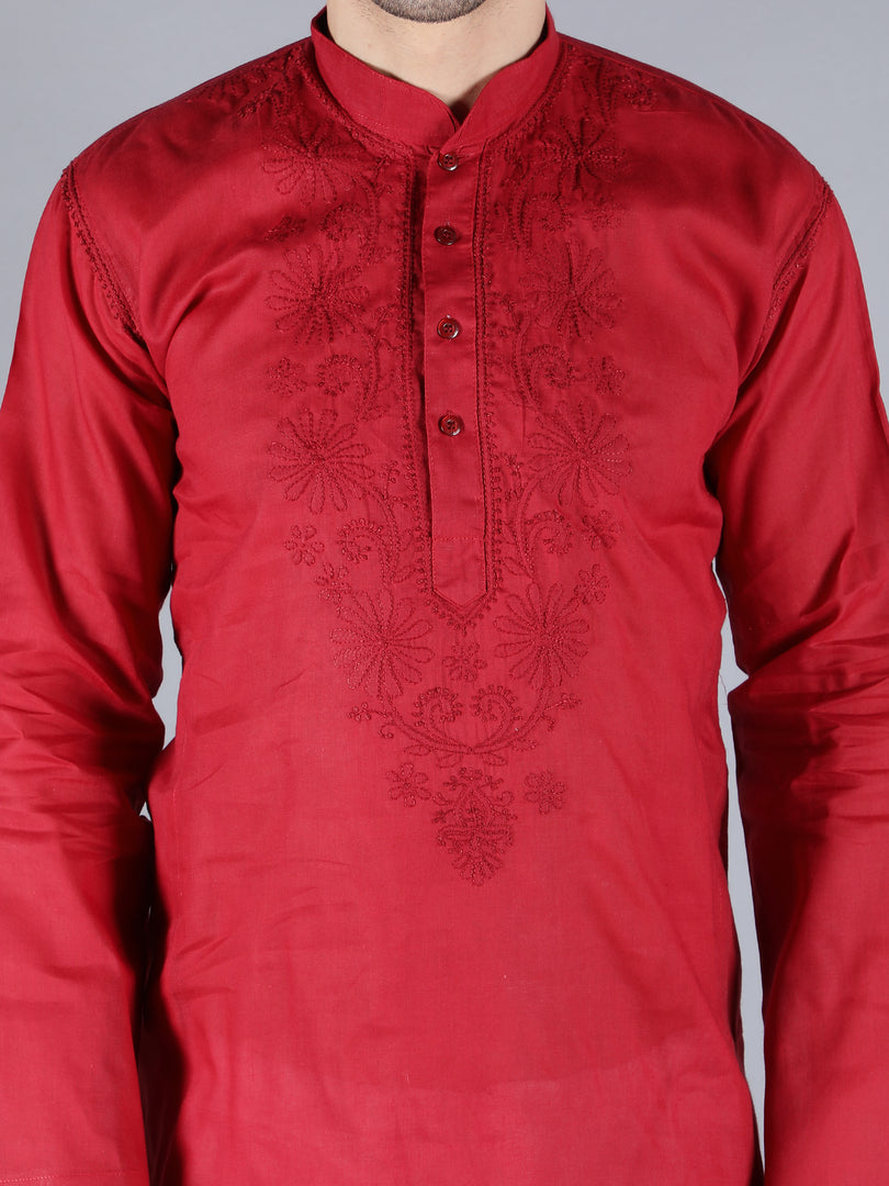 Seva Chikan Hand Embroidered  Cotton Lucknowi Chikan Mens Stitched Kurta