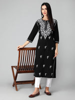 Load image into Gallery viewer, Seva Chikan Hand Embroidered Black Cotton Lucknowi Chikankari Kurta