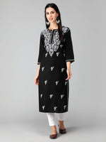 Load image into Gallery viewer, Seva Chikan Hand Embroidered Black Cotton Lucknowi Chikankari Kurta
