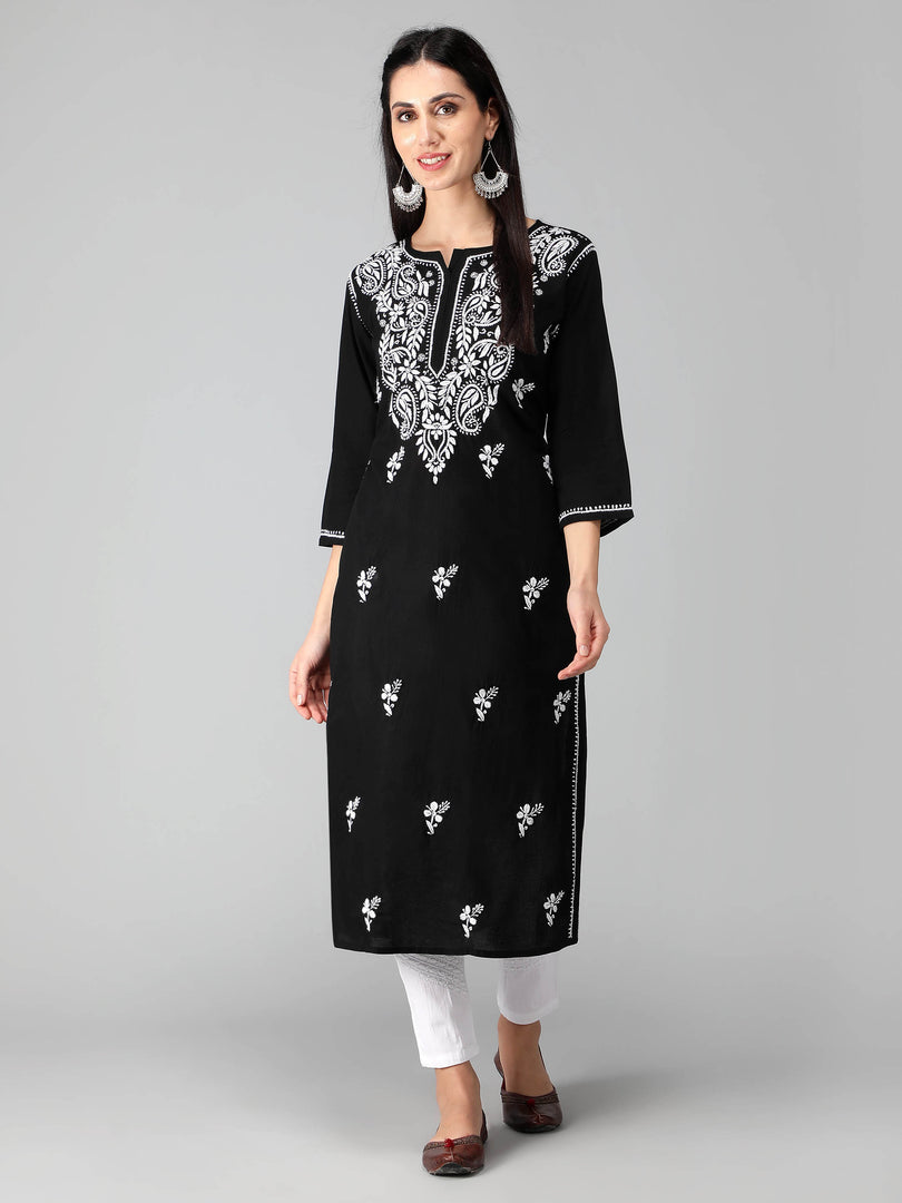 Seva Chikan Hand Embroidered Black Cotton Lucknowi Chikankari Kurta