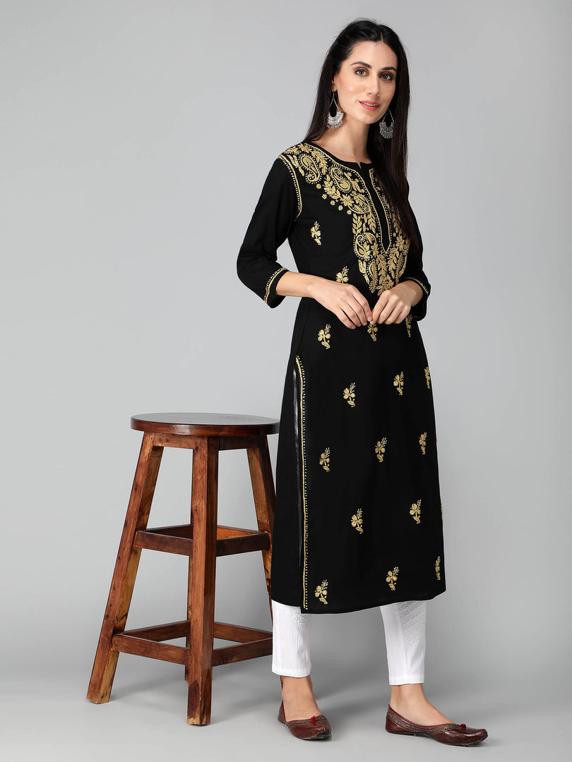 Seva Chikan Hand Embroidered Black Cotton Lucknowi Chikankari Kurta