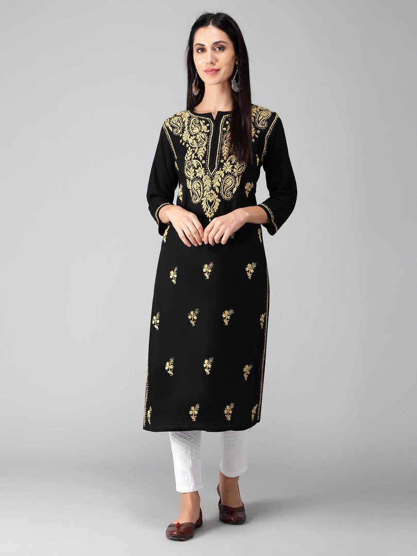 Seva Chikan Hand Embroidered Black Cotton Lucknowi Chikankari Kurta