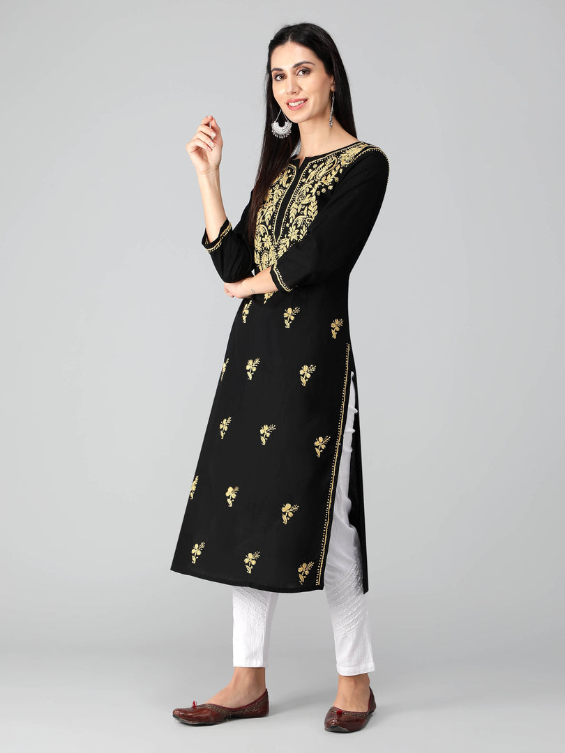 Seva Chikan Hand Embroidered Black Cotton Lucknowi Chikankari Kurta