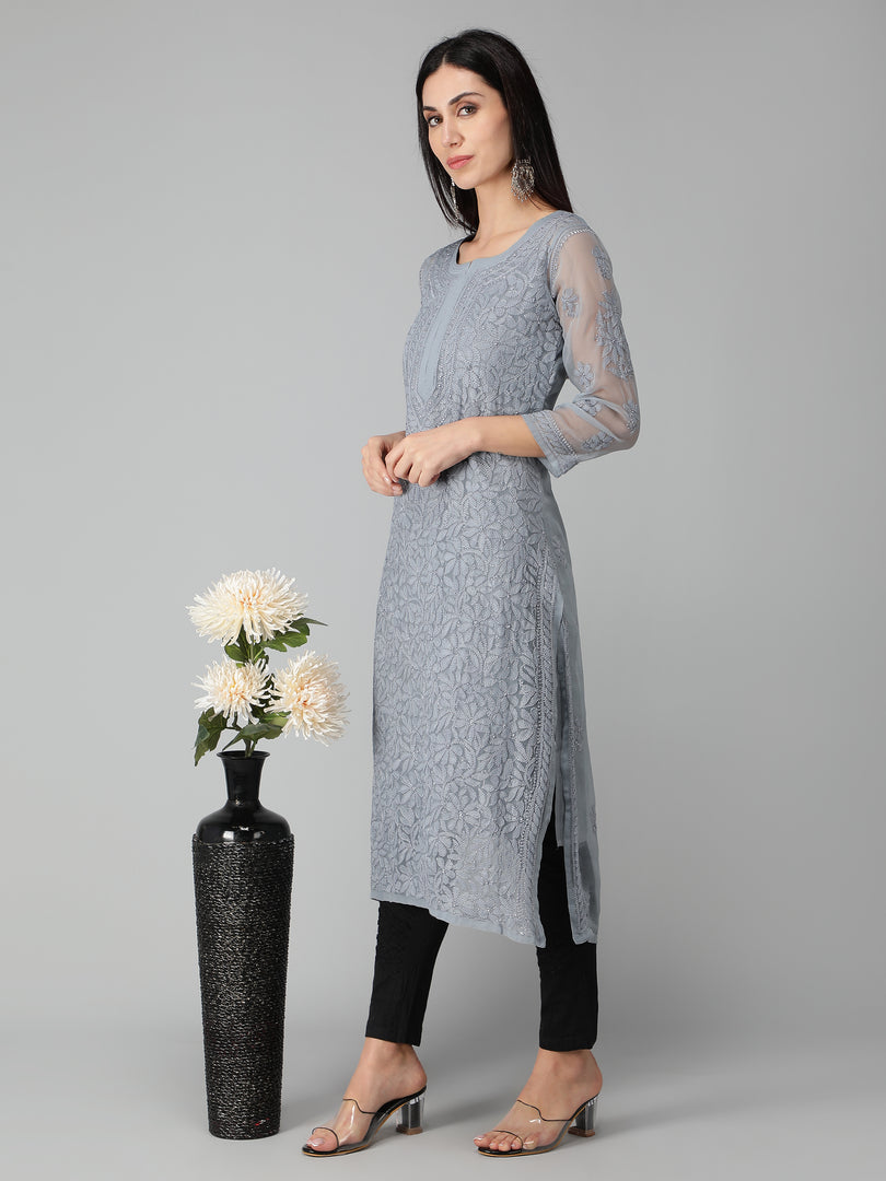 Seva Chikan Hand Embroidered Georgette Lucknowi Chikan Kurti With Slip