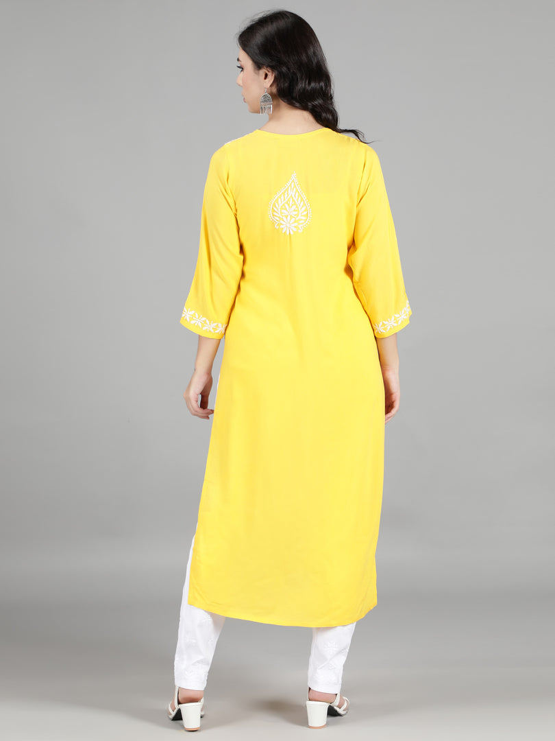 Seva Chikan Hand Embroidered Yellow Cotton Kurta with Pant-SCL8013