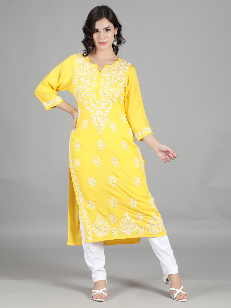 Seva Chikan Hand Embroidered Yellow Cotton Kurta with Pant-SCL8013