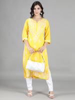 Load image into Gallery viewer, Seva Chikan Hand Embroidered Yellow Cotton Kurta with Pant-SCL8013