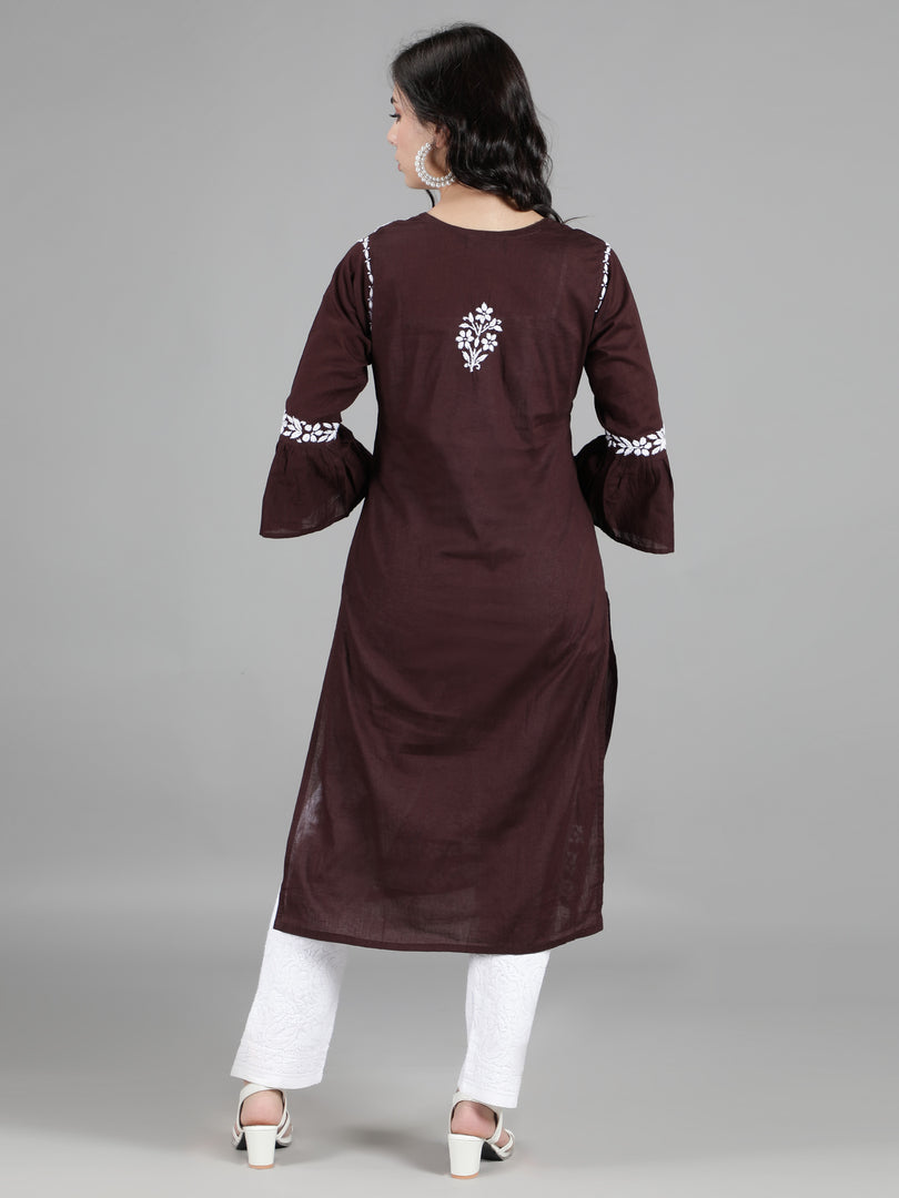 Seva Chikan Hand Embroidered Brown Cotton Kurta With Pant-SCL8011