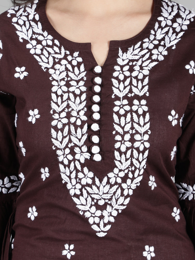 Seva Chikan Hand Embroidered Brown Cotton Kurta With Pant-SCL8011